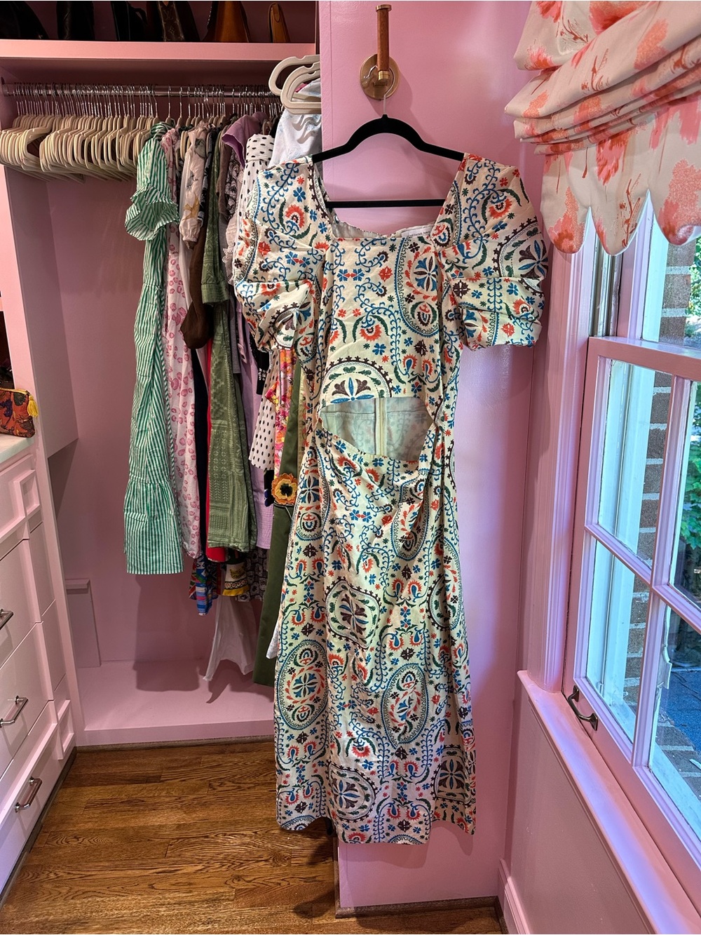 Something Navy Cream Midi Dress with Blue and Coral Tile Print